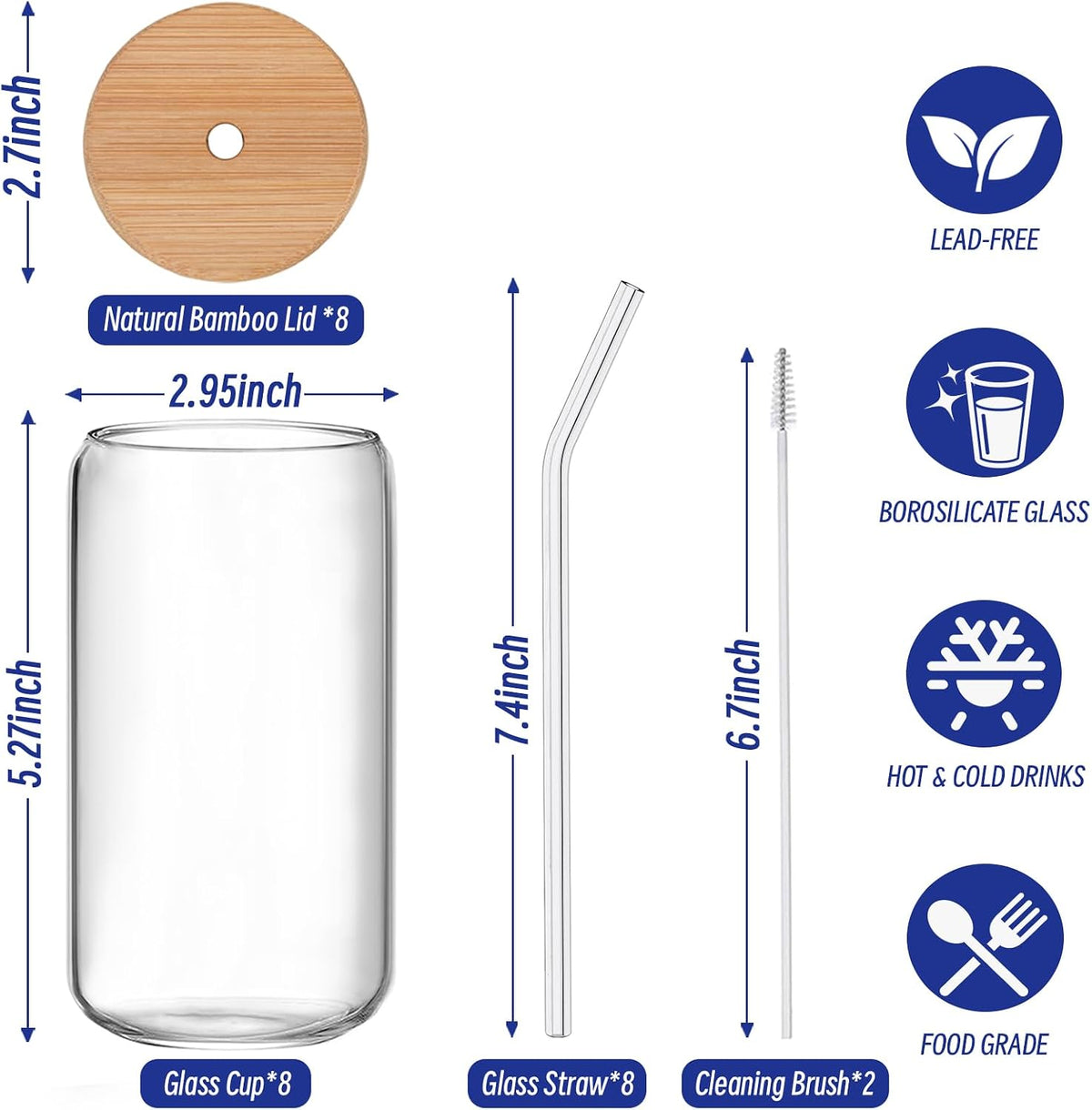 Glass 16oz Libby Jars with Straws and bamboo lids - Box of 7