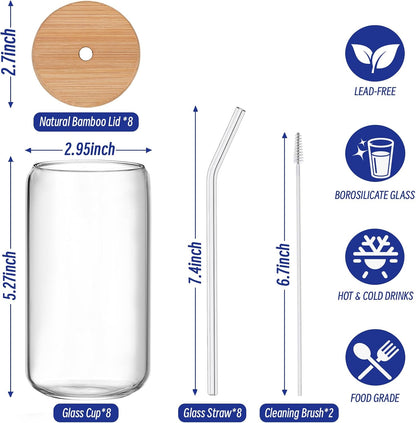 Glass 16oz Libby Jars with Straws and bamboo lids - Box of 7