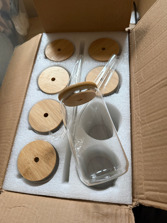 Glass 16oz Libby Jars with Straws and bamboo lids - Box of 7